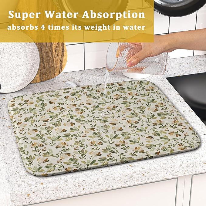 Spring Summer Daisy Floral Leaf Dish Drying Pad 16 x 18 Inch With Absorbent Reversible Microfiber Green Brown Leaves Flowers Drying Mats Dish Drainer Mat Fast Dry For Kitchen Dining Room Decoration