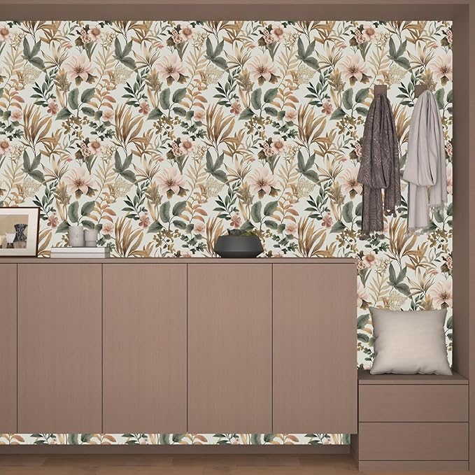 Vintage Floral Peel and Stick Wallpaper Pink Green Gold Botanical Contact Paper Vinyl Self Adhesive Removable Retro Leaf Wall Mural for Living Room Walls Cabinet Dresser Table Decor 17.5" x 118"