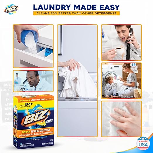 Biz Laundry Detergent Powder, Stain and Odor Eliminator for Tough Stains Like Grass Sweat and Chocolate, Powder Laundry Detergent with 4 Stain Fighters, Color Safe, HE Safe, Unscented, 37.5 Ounce
