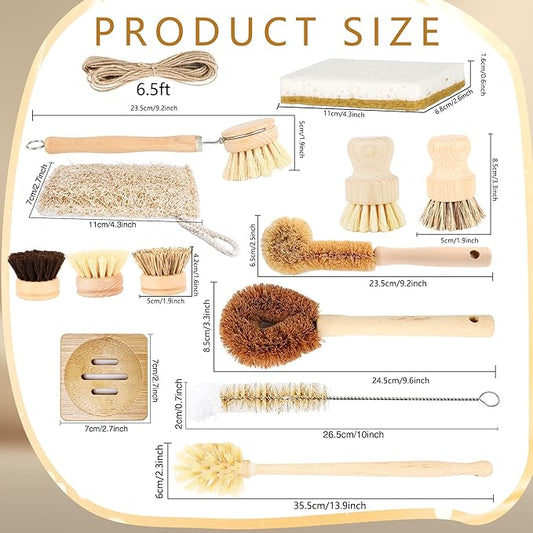 15 Pcs Bamboo Dish Brush Set with 65 Ft Hemp Rope Wooden Palm Pot Brush Sisal Bristles Natural Cup Scrubber Loofah Sponge Draining Tray for Pans, Bottle, Sink Kitchen Cleaning