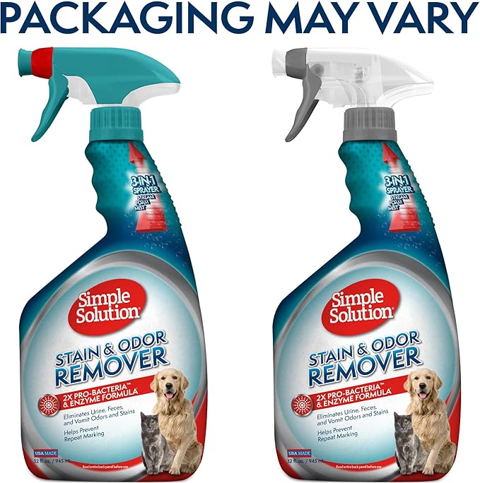 Simple Solution Stain and Odor Eliminator Spray, Enzyme Carpet Cleaner for Dogs and Cats, Pet Stain Remover and Urine Odor Eliminator, Multi Surface Pet Cleaning Solution, 32 oz (Pack of 2)