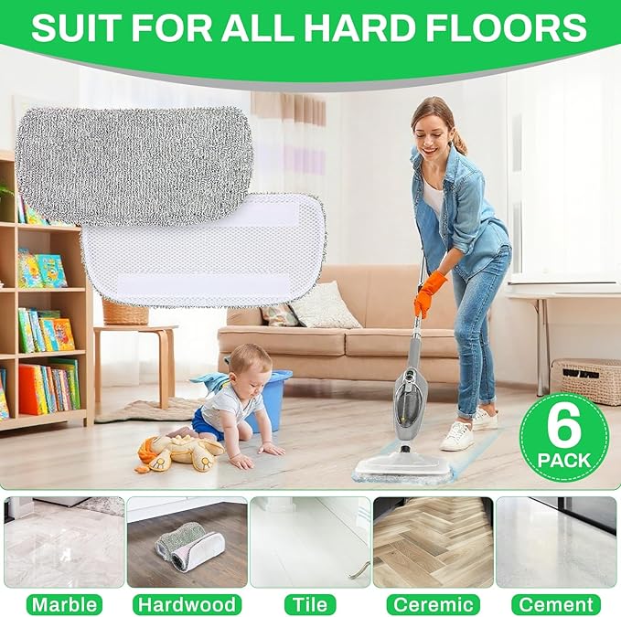 6 Pack Steam Mop Pads Compatible with GorFanty GF-6610B/GF-6610, Neugo NE033/NE033M & Mxnsewr Series, Floor Steamer Pads, Washable Reusable Microfiber Cleaner Pads
