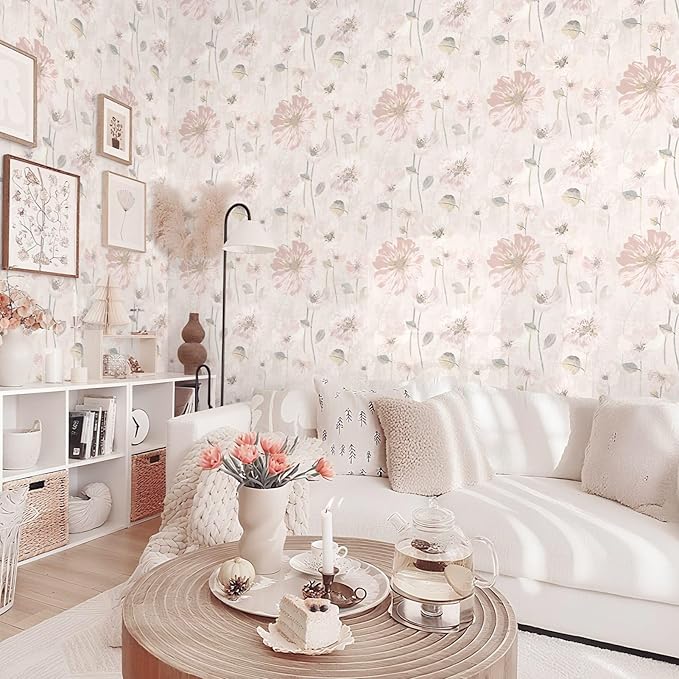 Ismoon 17.3''x362.2''Peel and Stick Wallpaper Vintage Floral Contact Paper Watercolor Pink Removable Self-Adhesive Wallpaper for Bathroom Bedroom Nursery Wildflower Botanical Wall Paper Vinyl Decor