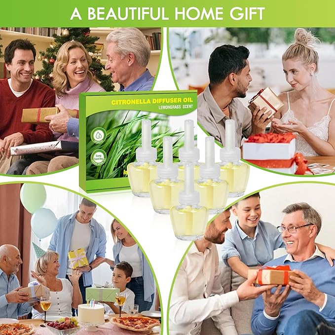Citronella Plug in Refills,Lemongrass Fragrance, Compatible with Air Wick, Compatible with Glade, for Home Indoor Backyard Camping BBQ Summer,6 Count