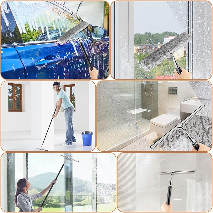 Max 62'' Metal Squeegee with Extension Pole for Window, Glass Door, Mirror,12'' Wide Telescopic Shower Squeegee Cleaner With Long Handle for Cleaning Tile Wall, Floor, Car, Bathroom,Screen, Windshield