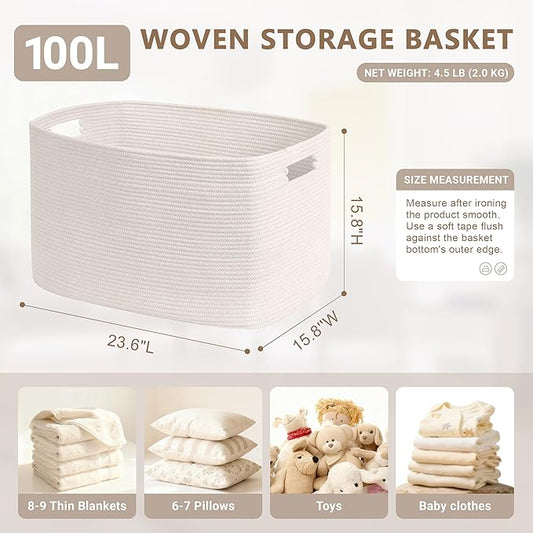 100L Extra Large Baby Girls Laundry Basket for Nursery Storage,Cute Woven cotton Rope Baskets for Kids Toy,Gifts, Boho Square Wicker Blanket hamper for Living Room,Bedroom Dirty Clothes, White
