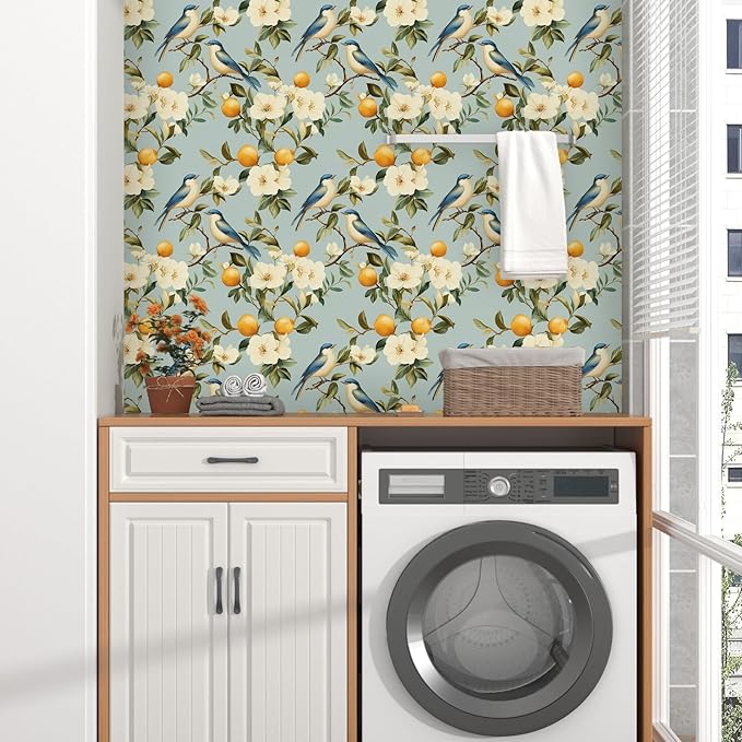 Blue Bird Peel and Stick Wallpaper, Vintage Beige Floral Fruits Contact Paper, Retro Botanical Wall Paper 17.5" x 118" Self Adhesive Removable Waterproof for Bedroom Shelves Cabinet Drawer Table