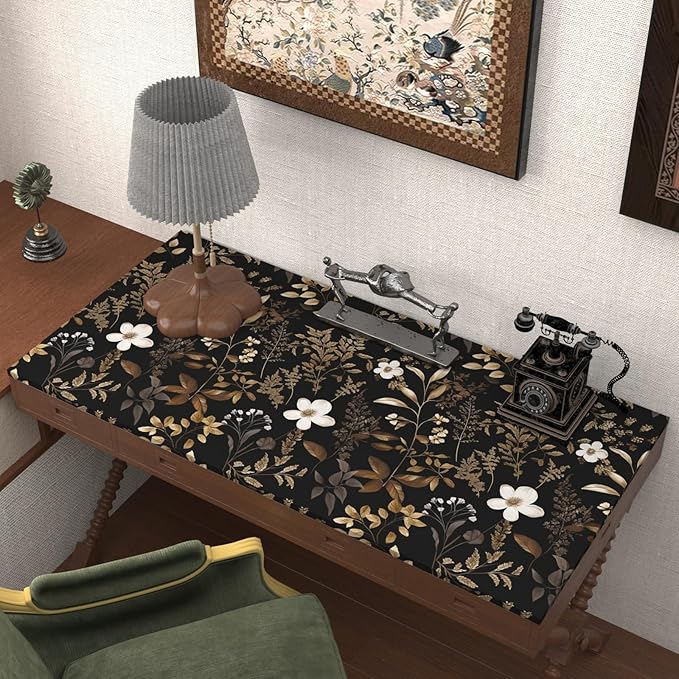 Laatse Black Floral Wallpaper Peel and Stick Boho Wallpapers 17.5" x 118" Gold Leaf Contact Paper for Cabinets Waterproof Self Adhesive Removable Wall Paper for Kitchen Table Countertop Walls