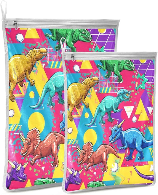Mesh Laundry Bags Lingerie Bags for Washing Delicates 2 PCS Durable Wash Bag with Zipper Small and Medium Washable Bright Colorful Geometric Dinosaurs