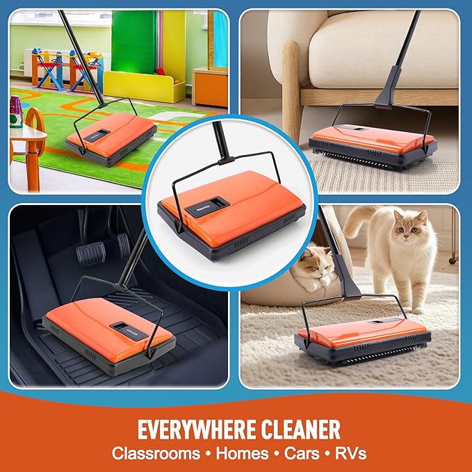 Manual Carpet Sweeper for Pet Hair - Rotating Brush Floor Sweeper, Lightweight Push Broom for Classroom Rugs, Non-Electric Lint & Crumb Cleaner, Easy-Dump Dustbin, No Batteries Needed