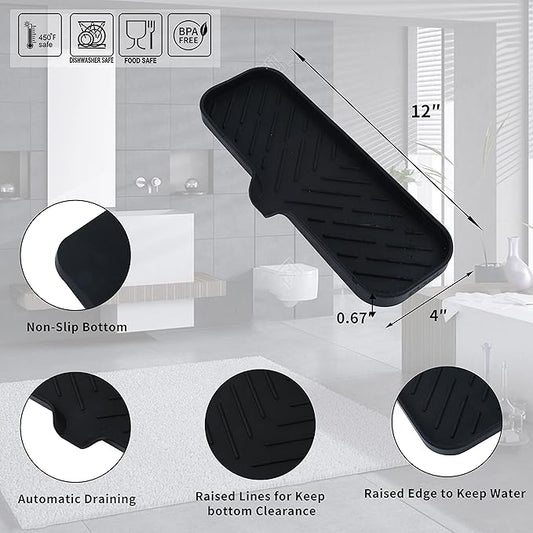 MicoYang Silicone Bathroom Soap Dishes with Drain Spout-Bathroom and Kitchen Sink Organizer,Sponge Holder,Dish Soap Tray,Perfect for Dispenser,Scrubber,Bottle,Cup on Sink or Counter-Black 12"×4"
