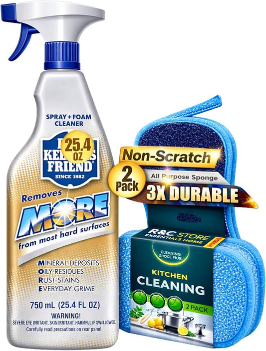 Bar-Keepers-Friend Spray and Foam Multipurpose Cleaner 25.4 oz + 2 Non-Scratch Scrub Sponges | Hard Water Stain Remover | Kitchen & Bathroom Cleaning Kit