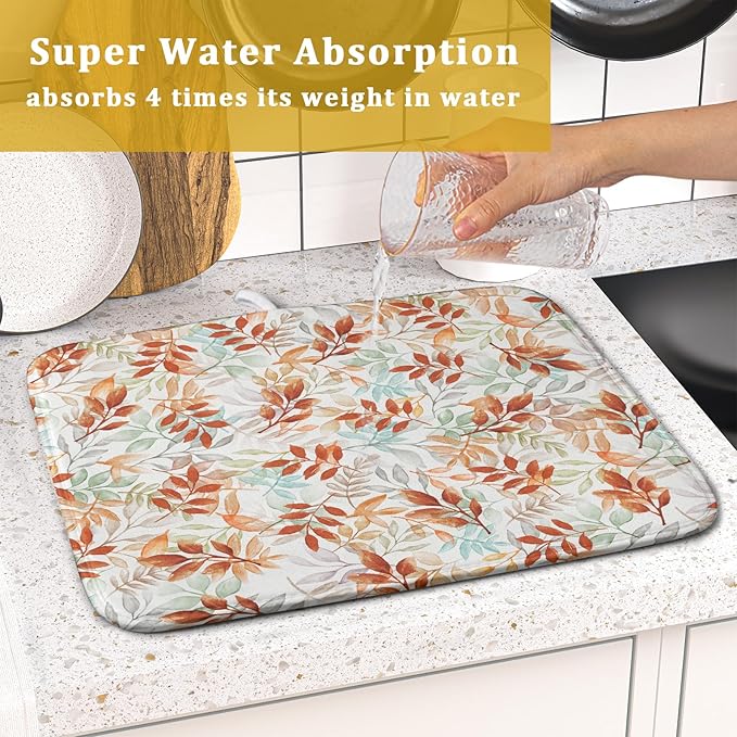 Fall Dish Drying Mat for Kitchen Counter 16x18 Burnt Orange Leaves Autumn Harvest Theme Thanksgiving Absorbent Reversible Microfiber Drying Mats Kitchen Countertop Protector Dishes Drainer Pad