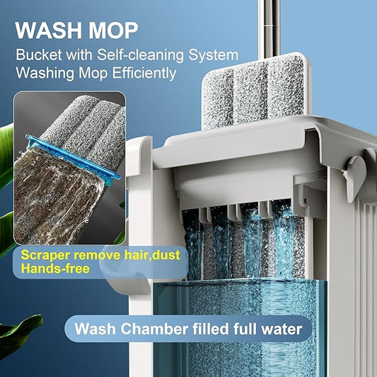 JOYMOOP Mop and Bucket Set for Floor Cleaning and Wall Cleaner, Flat Mop and Bucket System Set (White, White X-Large Bucket #5 + 60" Flat Mop + 3 Pads)