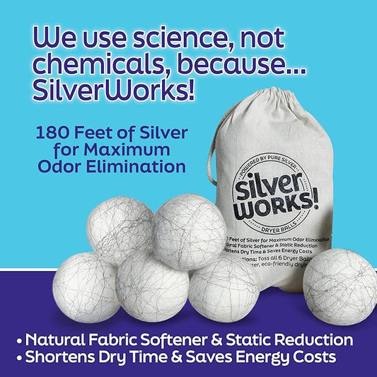 SilverWorks! Wool Dryer Balls Laundry Reusable - Odor Eliminating Dryer Laundry Balls with Silver Technology - Natural Fabric Softener and Static Reducer, Reduce Drying Time and Energy Costs - 6 Pack