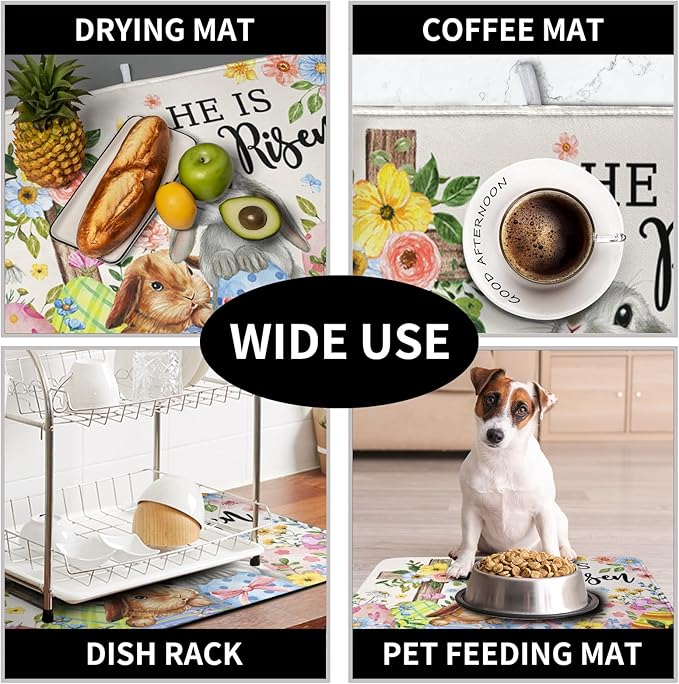 He is Risen Easter Dish Drying Mat for Kitchen Counter Bunny Floral Cross Dish Drainer Mats Spring Rabbit Flowers Egg Dish Drying Pads Absorbent Microfiber Reusable Dish Rack Mat 18x24 Inch