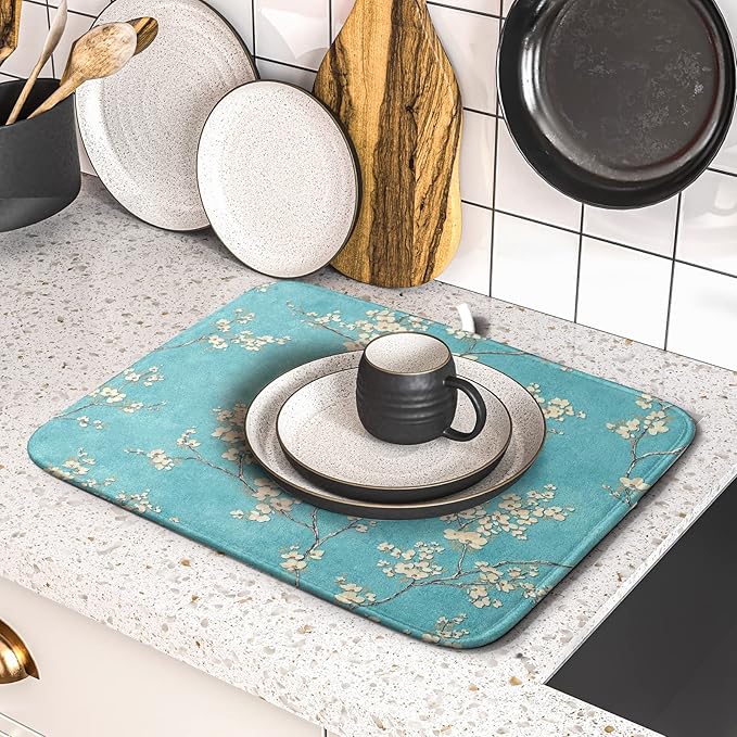 Teal Turquoise Dish Drying Mat for Kitchen Counter Spring Floral Drying Mat 16 x 18 Inch with Absorbent Reversible Microfiber Dish Drying Pad Dish Rack Drainer Mat for Coffee Bar