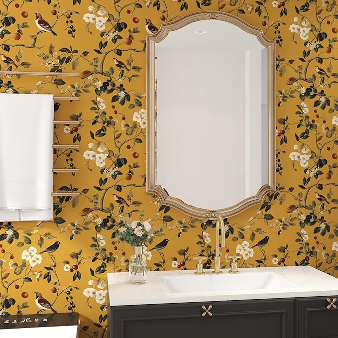 Laatse Vintage Bird Wallpaper 17.5"x393" Yellow Chinoiserie Floral Wallpaper Peel and Stick Removable Waterproof Self Adhesive Boho Wall Paper Floral Contact Paper for Bedroom Walls Cabinet Locker