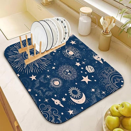 Dish Drying Mat for Kitchen Counter 18x24 Inch, Super Absorbent Dish Drainer Mat, Decorative Microfiber Dishes Drying Pad-Large(Navy Blue Moon)