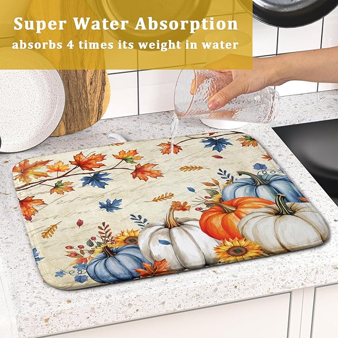 Fall Pumpkin Dish Drying Mat for Kitchen Counter 16x18 Inch Vintage Autumn Thanksgiving Absorbent Reversible Microfiber Dish Drainer Rack Mats Countertops Protector Mat