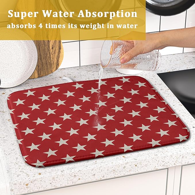 Patriotic July of 4th Red Star Dish Drying Mat for Kitchen Counter 16x18 Memorial Independence Day Absorbent Reversible Microfiber Drying Mats Kitchen Countertop Protector Dishes Drainer Rack Pad