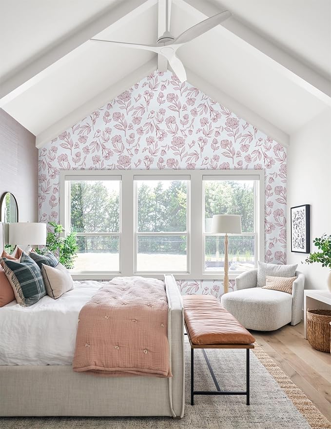 Timeet Floral Peel and Stick Wallpaper Pink and White Wallpaper Removable Self-Adhesive Contact Paper for Bedroom Bathroom Vintage Wall Paper for Walls Covering 17In×393.7In
