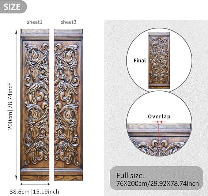 Alwayspon 30x78.7inch Wooden Bas-Relief Decoration Self-Adhesive Door Stickers Murals Decals, Art Vinyl Peel and Stick Removable Door Poster Wallpaper for Bedroom Home Decor