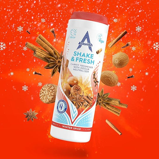 Astonish Shake & Fresh Carpet Freshener Winter Spice Scent with Malodour Control Technology - Deep Odor Neutralizer, Long-Lasting Fragrance Powder for Dry Carpets, Easy Shake Vacuum Application