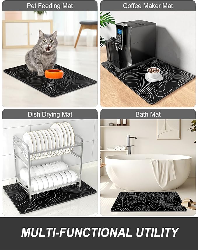 Rnivvi Dish Drying Mat for Kitchen Counter, 12 x 19" Cute Marble Super Absorbent Draining Pad, Non-Slip Heat Resistant Coffee Bar Mats for Coffee Machine Station Accessories, Line Art Dish Rack Pad