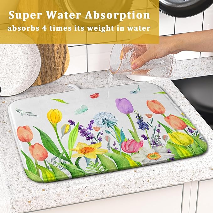 Aportt Spring Floral Dish Drying Pad with Absorbent Reversible Microfiber Watercolor Tulip Lavender Flower Drying Mats 16 x 18 Inch Dish Drainer Mat Fast Dry For Kitchen Dining Room