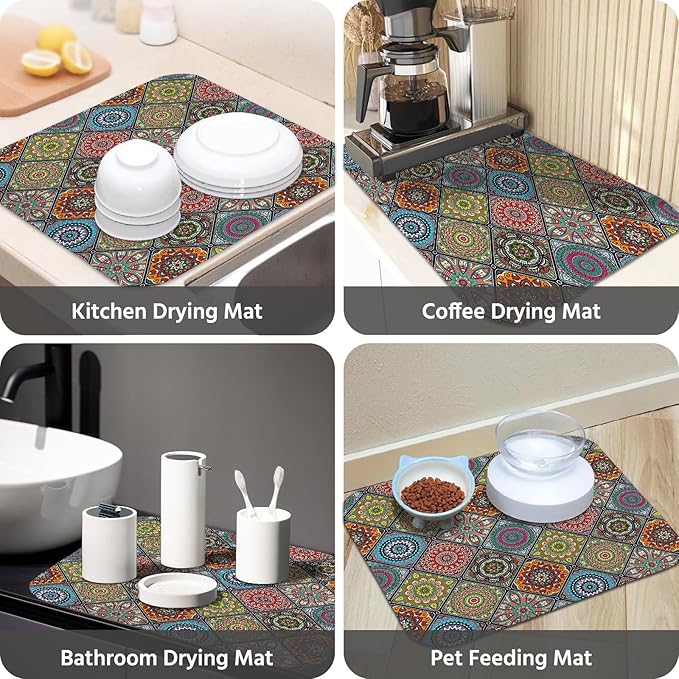 Dish Drying Mat for Kitchen Counter 16x18 Inch, Super Absorbent Dish Drainer Mat, Decorative Microfiber Dishes Drying Pad-Small(Plaid Boho)