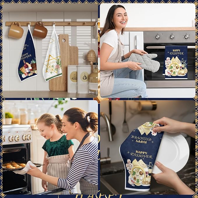 Happy Passover Kitchen Towels, Star of David Dish Towels Gifts for Cooking Cleaning Set of 6, Jewish Holiday Hand Towels with Hanging Loop for Bathroom Home Decor