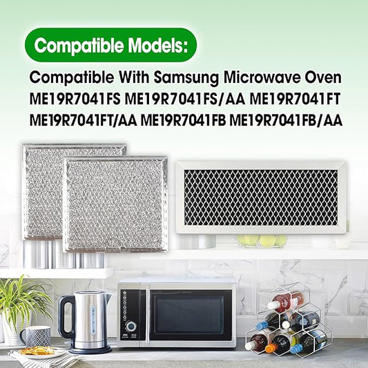 Microwave Oven Grease & Charcoal Filter Compatible with Samsung ME19R7041FS ME19R7041FS/AA ME19R7041FT ME19R7041FT/AA ME19R7041FB ME19R7041FB/AA, 1 Pc Grease Trapping & 2 Pcs Activated Carbon Filter