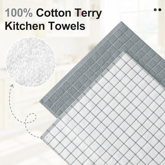 Homaxy Premium Cotton Kitchen Towels 16"x 28", Large Natural Ring Spun 390 GSM Dish Towels, Super Absorbent Terry Kitchen Hand Towels, Soft Tea Towels with Hanging Loop, Grey Check Design, 12 Pack