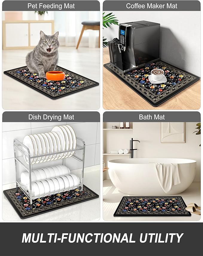 Rnivvi Dish Drying Mat for Kitchen Counter, XL 15 x 24" Cute Flower Theme Super Absorbent Drainer Pad, Non-Slip Heat Resistant Coffee Bar Mat for Coffee Machine Station Accessories,Retro Dish Rack Pad