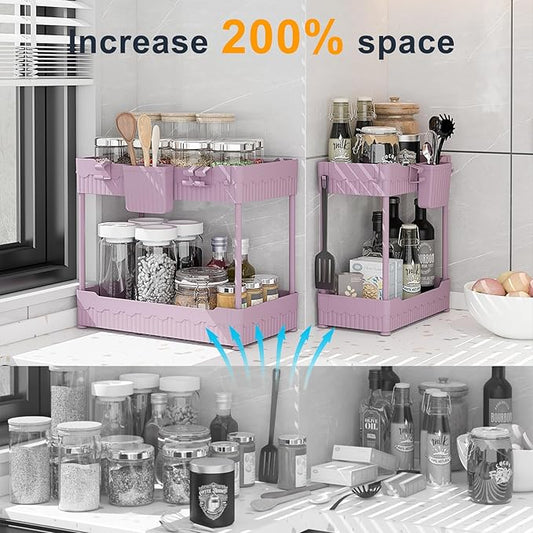 2 Pack Under Sink Organizer, Under Bathroom Cabinet Organizer with Hooks Hanging Cup, Multi-Purpose Storage Shelf for Kitchen Bathroom (Pink, 14.8 Inch)