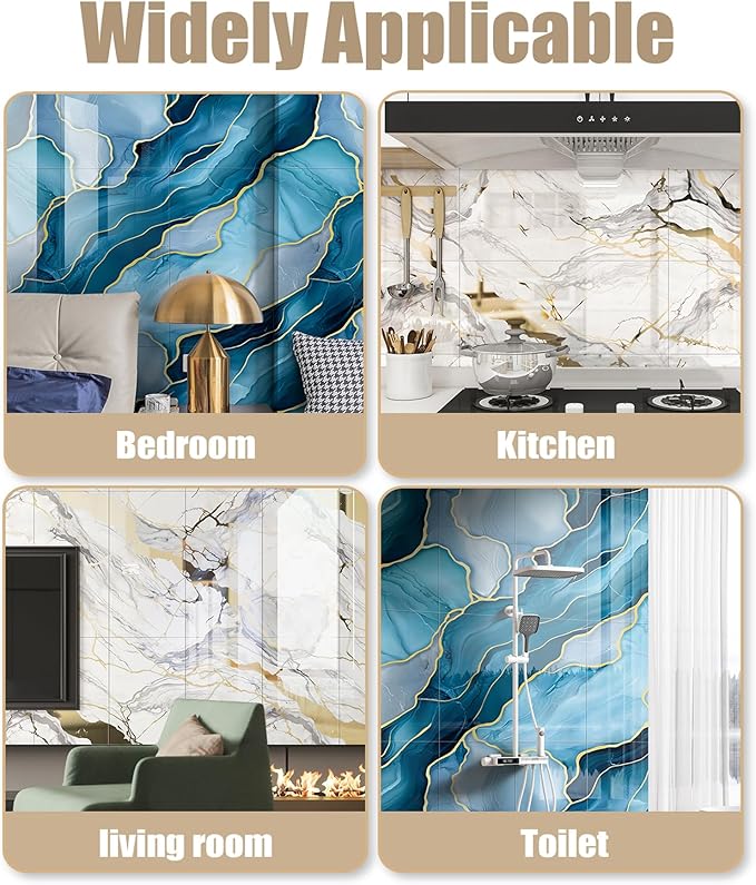 Chejiaye 10pcs Marble Peel and Stick Waterproof Wall Panels,Heat-Resistant Backsplash Tile, 23.6"x11.8" PVC Foam Wall Sticker for Kitchen,Living Rooms,TV Walls,Blue Wave (Not Real Tile 19.4Sq. Ft.)