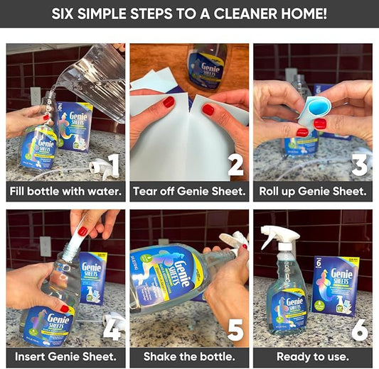Genie Sheets Glass & Mirror Cleaner | Concentrate Makes 6 24oz Refills | Professional-Strength | Just Add Water | Sustainable Eco-Friendly Plant-Based Solution | 6 Sheets