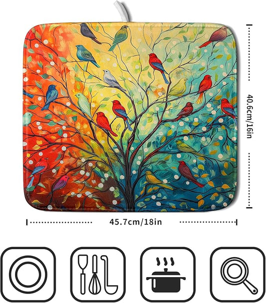 Colorful Spring Tree Bird Dish Drying Mats for Kitchen Counter 16”x18” Absorbent Reversible Microfiber Spring Floral Dish Drying Pad Seasonal Flowers Mat Dish Draining Mat for Countertop Table Decor