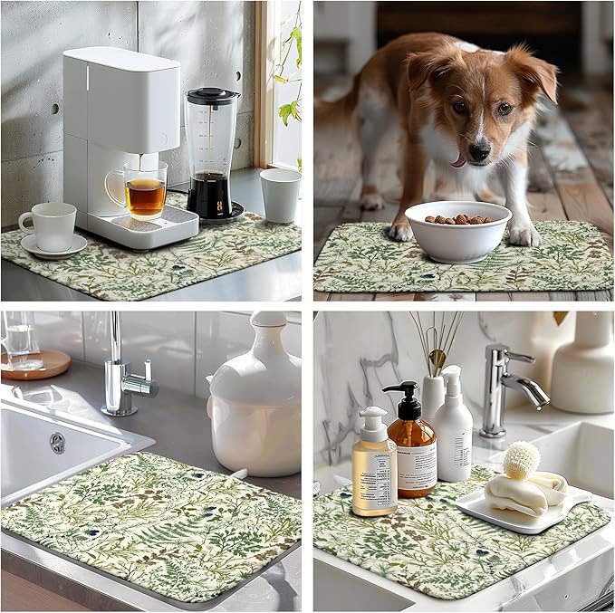 Sage Green Botanical Floral Dish Drying Mat for Kitchen Counter Vintage Herbs Fern Leaves Plant Drying Mats Absorbent Microfiber Dishes Drainer Mats Washable Dish Draining Pad Medium 16"x18"