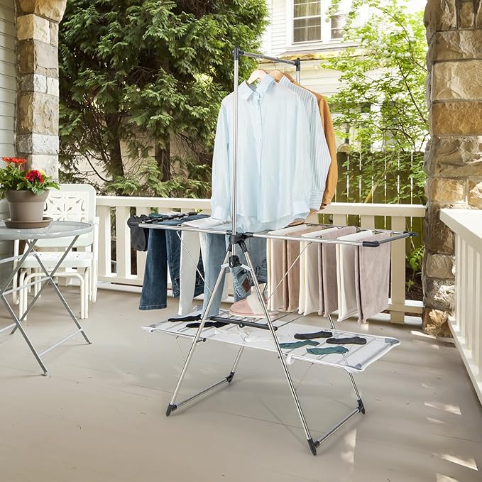 Tangkula Foldable Clothes Drying Rack, 2-Tier Laundry Drying Rack w/Tall Hanging Bar, Height Adjustable Gullwing, Freestanding Garment Stand for Indoor Outdoor Use
