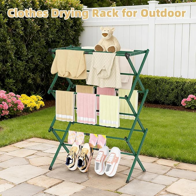 BAKON Clothes-Drying-Rack-Foldable for Small Space, Laundry-Drying Rack Collapsible for Hanging Clothes, Metal Clothing Dry Rack Suit for Indoor & Outdoor, Dorm Room, Apartments, RV, Green