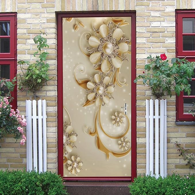 A.Monamour 3D Door Stickers for Interior Doors Luxury Flowers Golden Ornaments Vinyl Waterproof Self Adhesive Door Mural Decals for Bedroom Office Bathroom 90x200cm