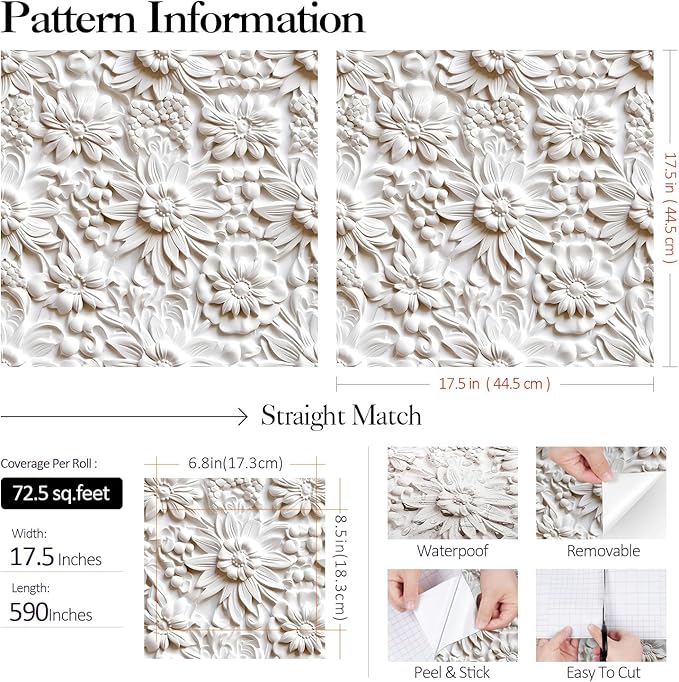 FunStick 17.5x590 Off White 3D Floral Peel and Stick Wallpaper Vintage Embossed Floral Contact Paper White Vinyl Renter Friendly Wall Paper for Bathroom Kitchen Accent Wall Cabinets Ceiling Waterproof