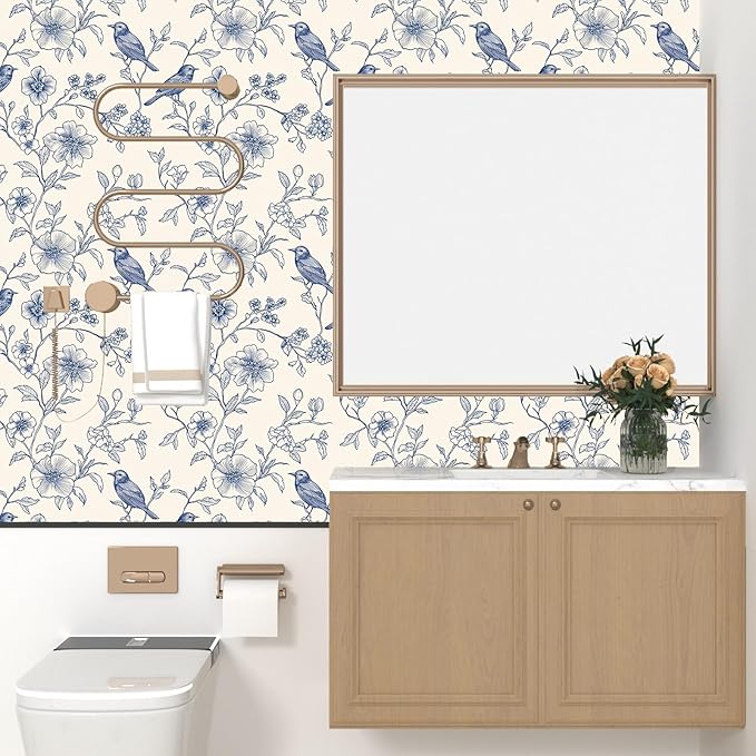Beige Wallpaper Peel and Stick Blue Floral Bird Vintage Contact Paper 17.5" x 118" Boho Animal Self Adhesive Waterproof Removable for Bathroom Shelves Cabinet Drawer Table Decor Renter Friendly