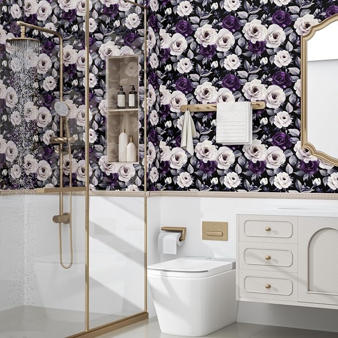 Black Foral Wallpaper Peel and Stick Purple White Rose Contact Paper 17.4" x 393", Dark Vintage Self-Adhesive Removable Flower Wall Paper for Bedroom Countertop Desk Cabinets Decor Renter Friendly