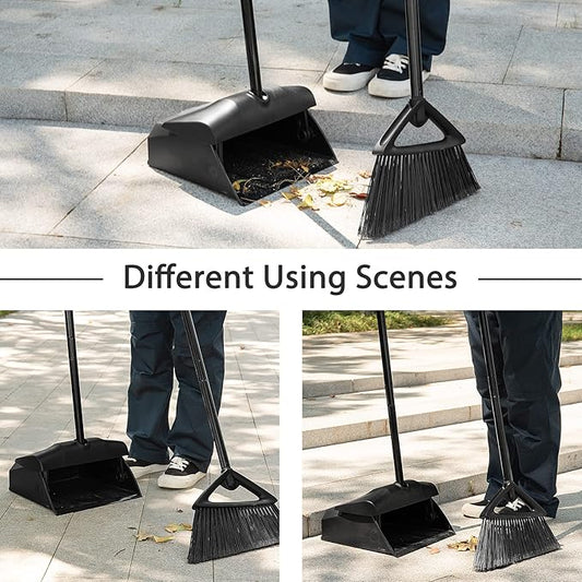 Eyliden Commercial Angle Broom and Dustpan Combo, with Long Handle and Lid, Lobby Dust Pan Sweep Set for Outdoor Garages Courtyard Sidewalks Decks Indoor Home Kitchen Room Office (Black Broom+Dustpan)