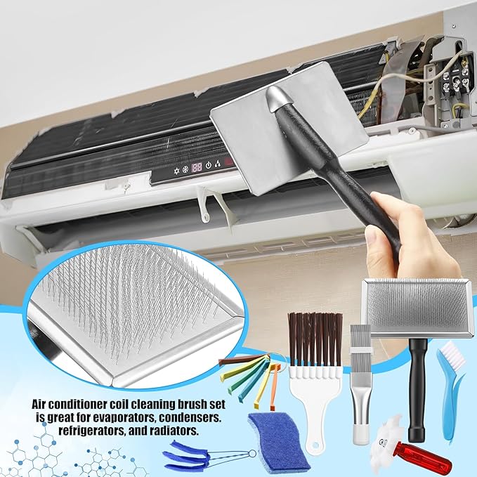 8 Pcs Air Conditioning Fin Cleaner Set HVAC Coil Cleaning Brush Condenser Fin Straightener Evaporator Coil Cleaner AC Comb Condenser Split Cleaning Kit Fridge Radiator Tool (Black,Large)