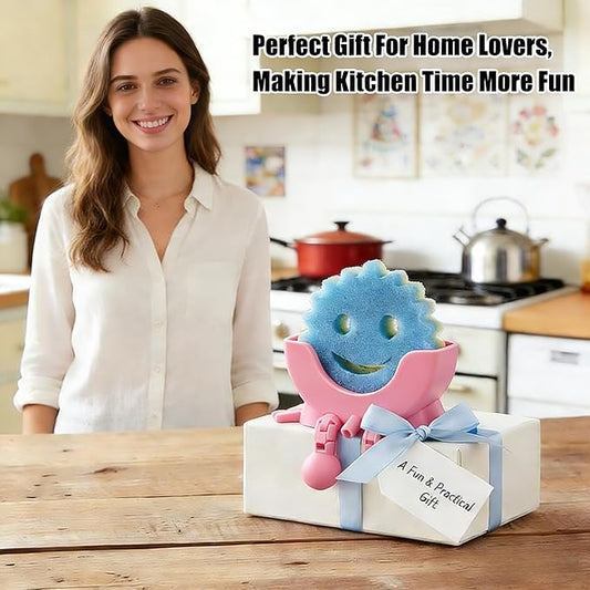 Cute Hanging Sponge Holder with Drainage,3D Printed Kitchen Funny Sponge Stand for Sink,with non-slip pads,Suitable for Scrub Daddy Holder,Keeps Your Sponge Dry Smiling (Pink)