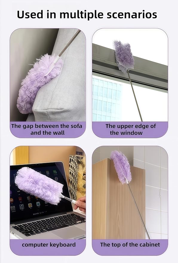 Heavy Duty Duster Refills, Disposable Dusters Kit for Cleaning Dusting Furniture Blind Ceiling Fan, Multi Surface 360 Feather Duster(10)+3FT Extended Handle(1) (pueple)